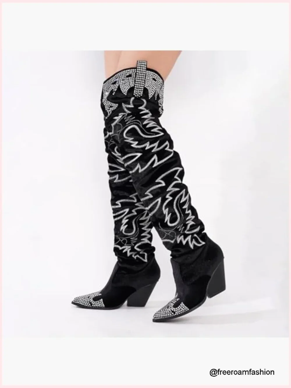 Rhinestone Embroidered Thigh High Cowgirl Boots Velvet Over the Knee Slouchy